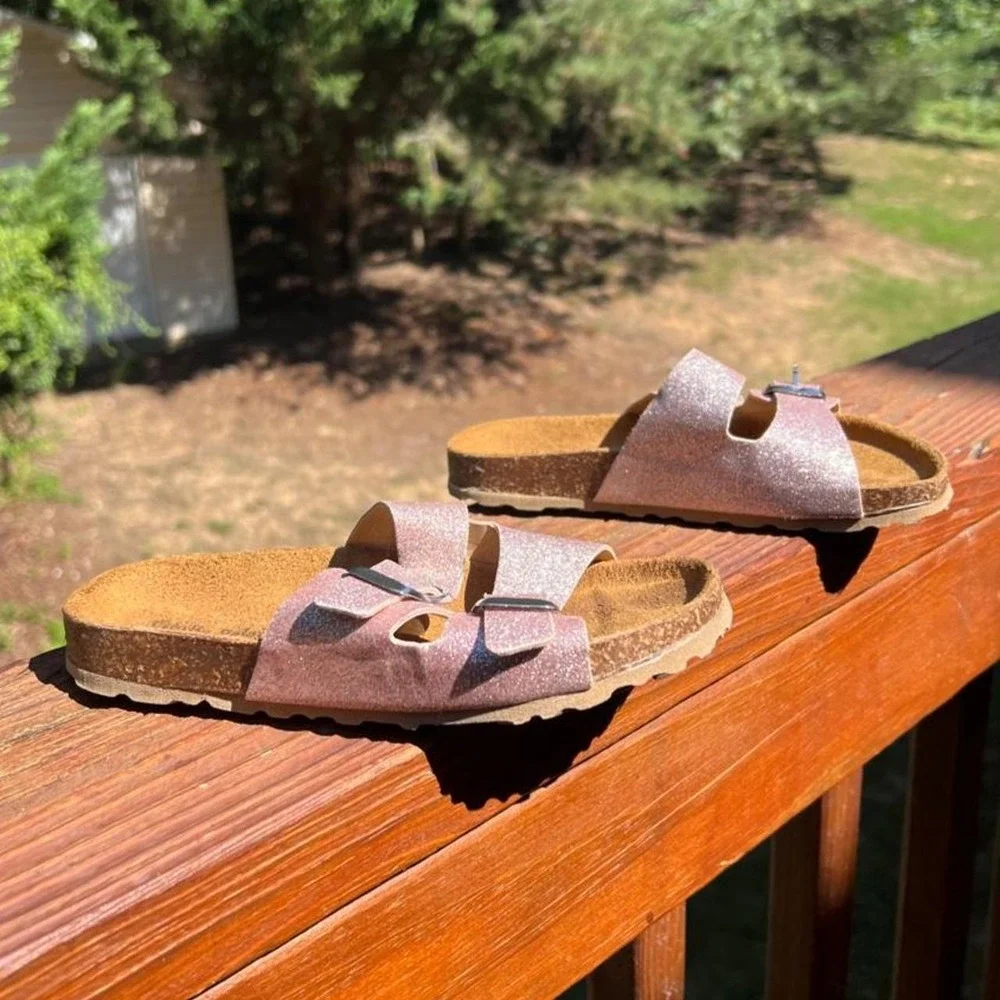 Giulla Palai Youth 1 Pink Glitter Double Strap Cork Bed Slides Sandals
